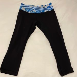 Retro Lululemon Cropped Leggings with Blue and White Crossed Waistband